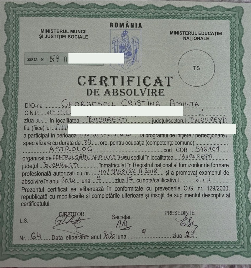 Certificate of completion of professional astrology training for Cristina Aminta Georgescu