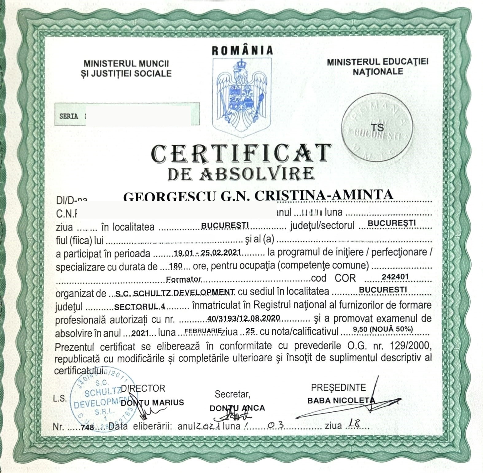 Romanian professional qualification certificate as Trainer (Formator) for Cristina Aminta Georgescu