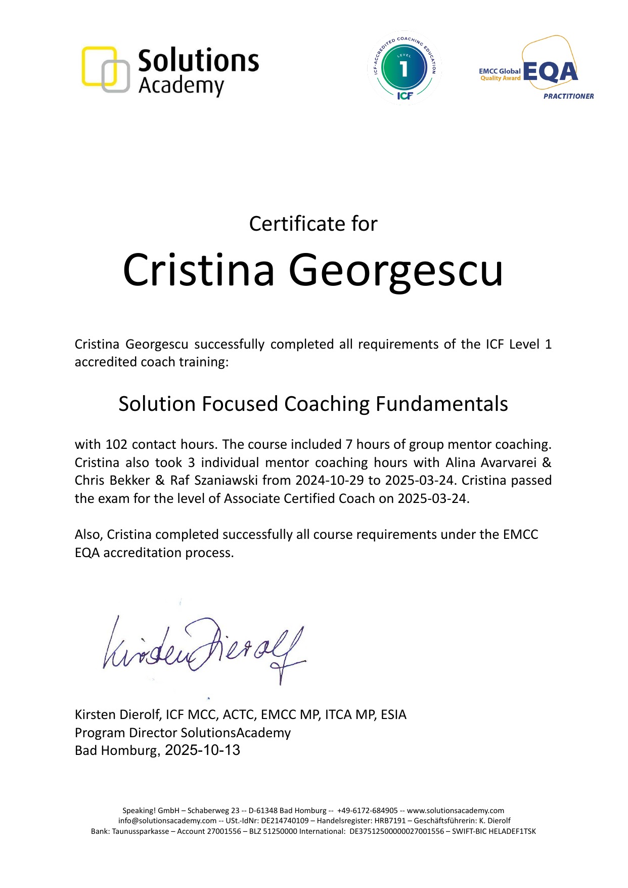 Solution Focused Coaching Fundamentals certificate, ICF Level 1 accredited coach training, awarded to Cristina Georgescu