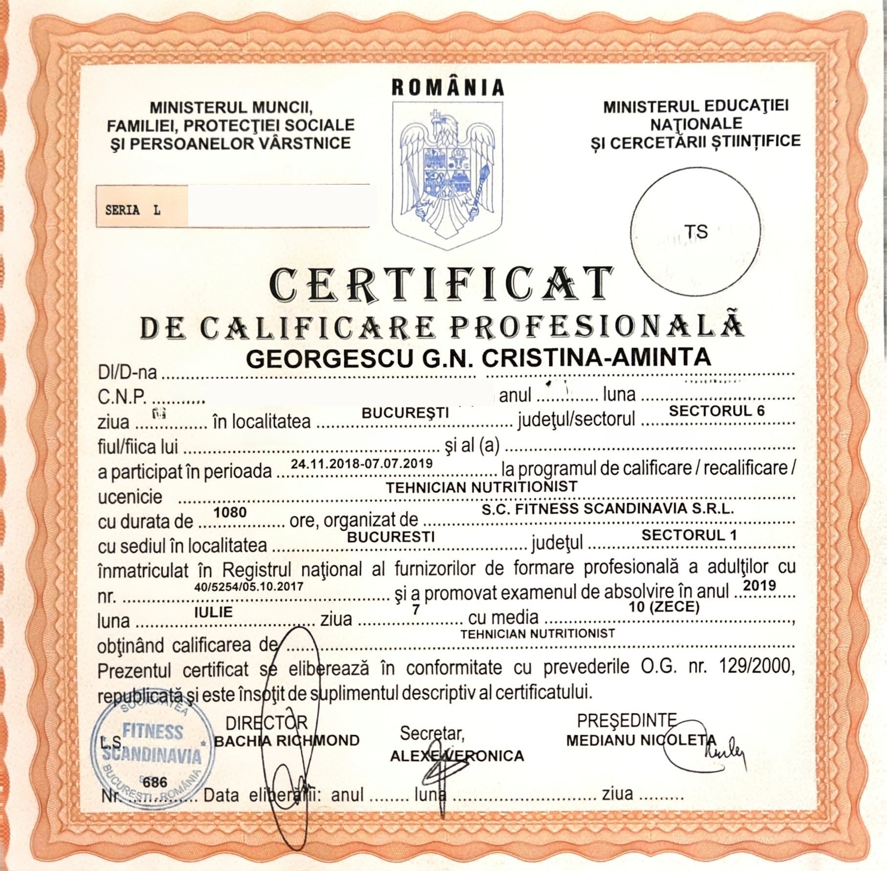 Romanian professional qualification certificate as Nutrition Technician for Cristina Aminta Georgescu