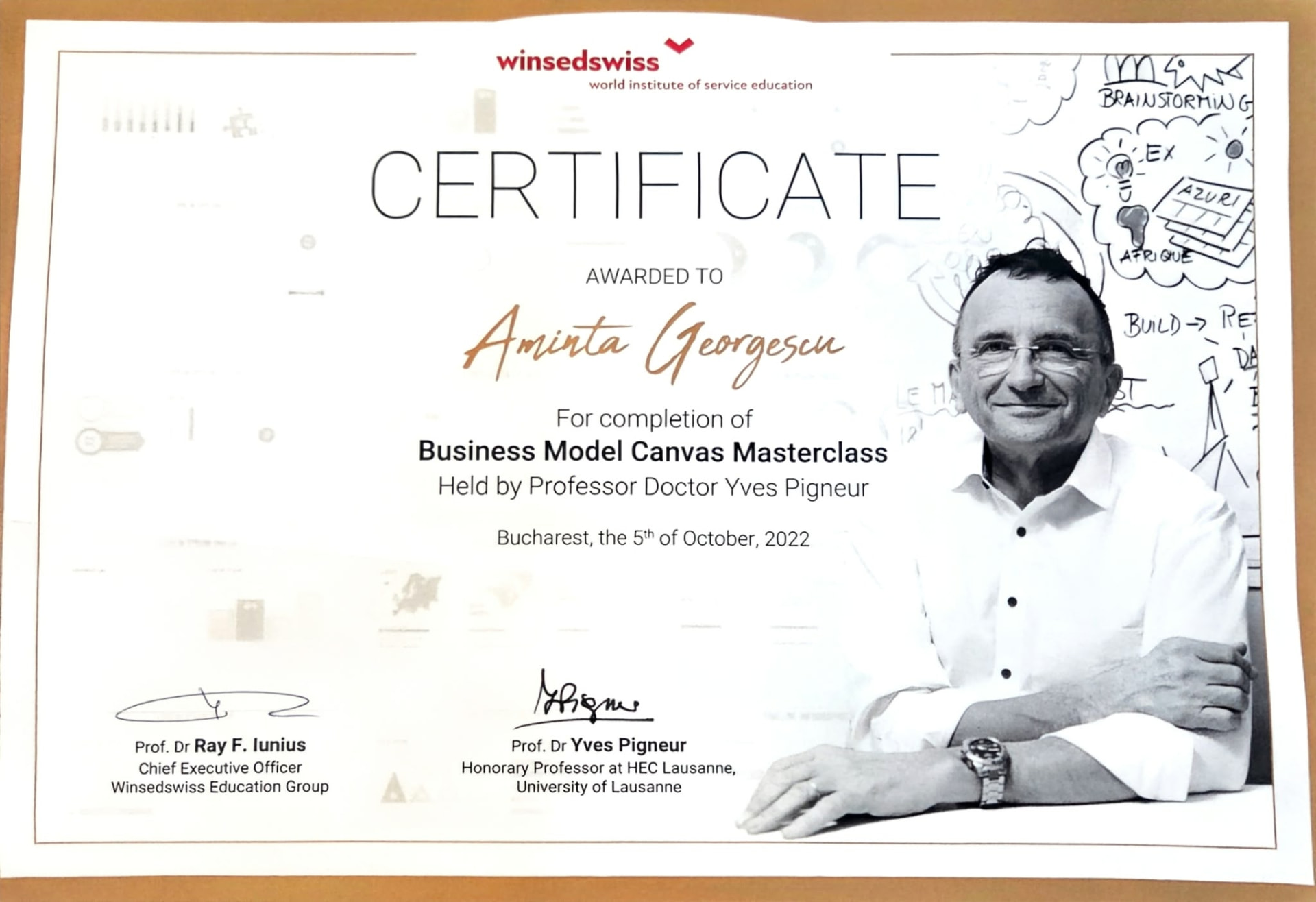 Business Model Canvas Masterclass certificate held by Professor Yves Pigneur, awarded to Aminta Georgescu