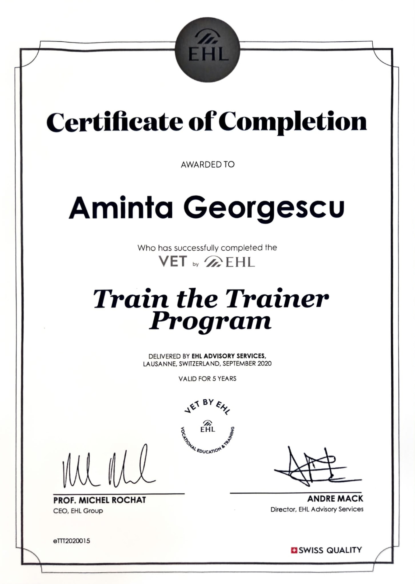 EHL Advisory Services Train the Trainer Programme certificate of completion for Aminta Georgescu
