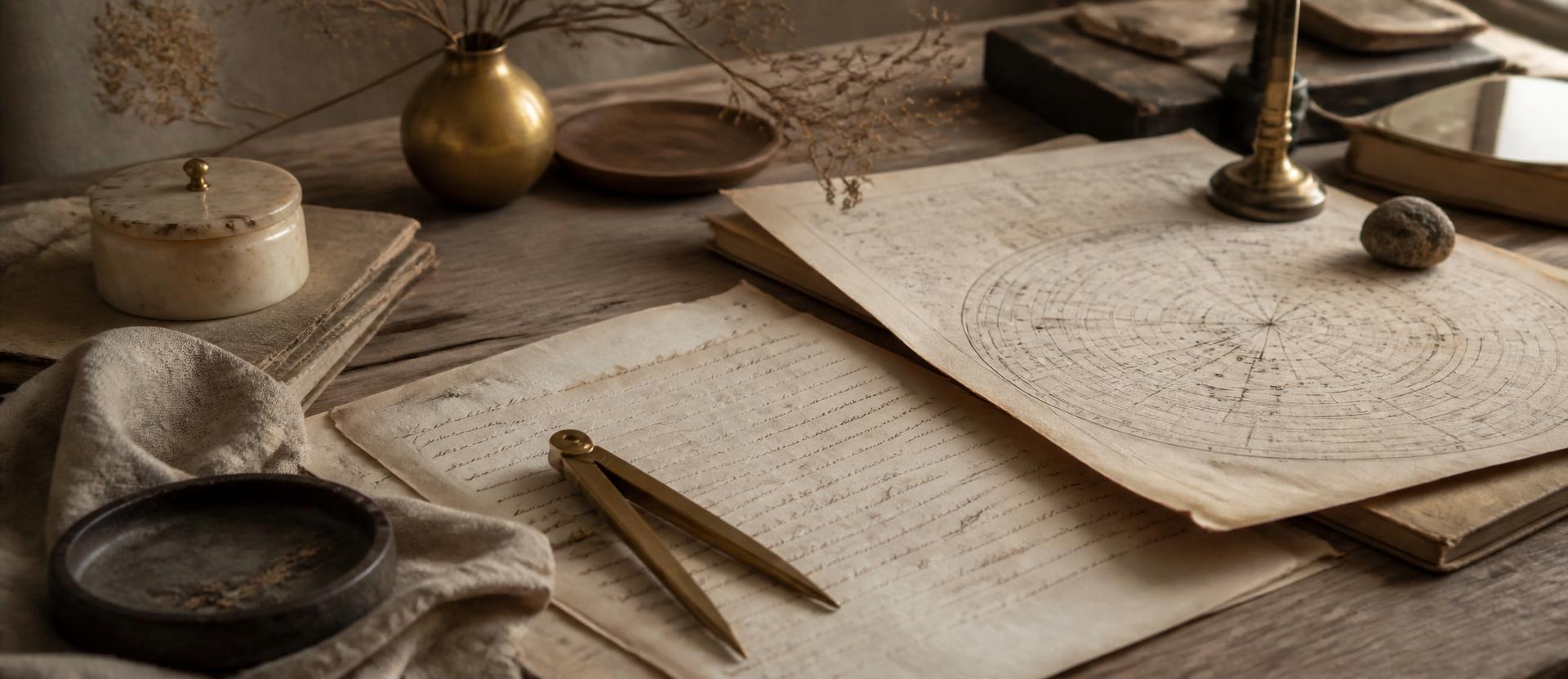 Handwritten notes and an old astronomical chart on a sunlit wooden desk